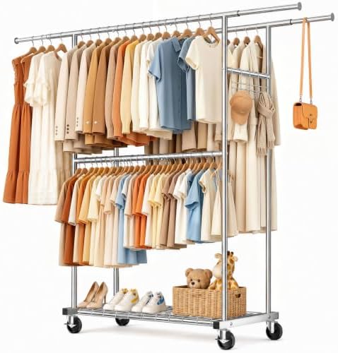 Heavy Duty Clothes Rack Load 550LBS, Rolling Clothing Rack Silver by ZHKINGGS