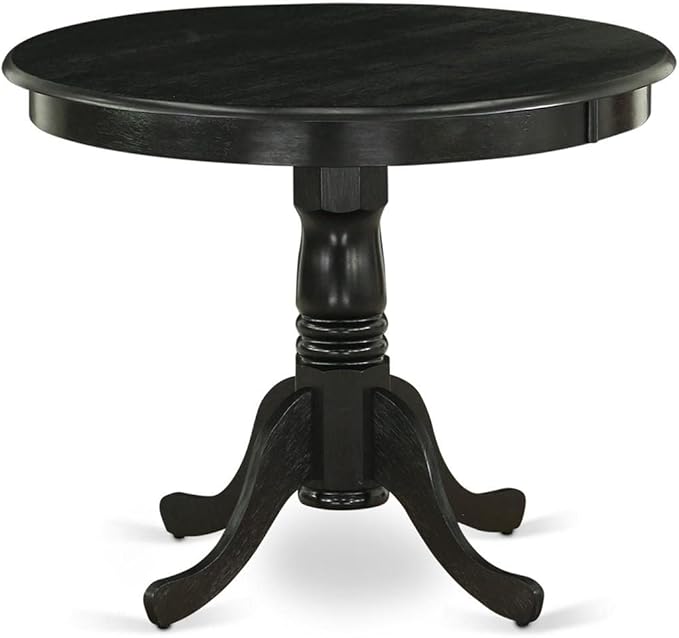 East West Furniture ANLA5-ABK-47 5 Piece Modern Dining Table Set Includes a Round Kitchen Table with Pedestal and 4 Light Sable Linen Fabric Upholstered Chairs, 36x36 Inch, Wirebrushed Black