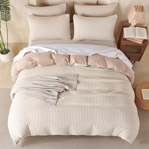 Queen Comforter Set Striped Beige 100% Soft Washed Microfiber Jacquard 3 Pieces - Image 7