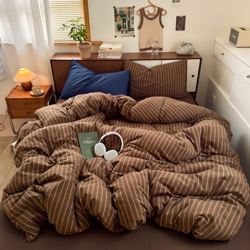 Striped Comforter Set King Size Brown Bedding Set and 2 Pillowcases by Erwinmu