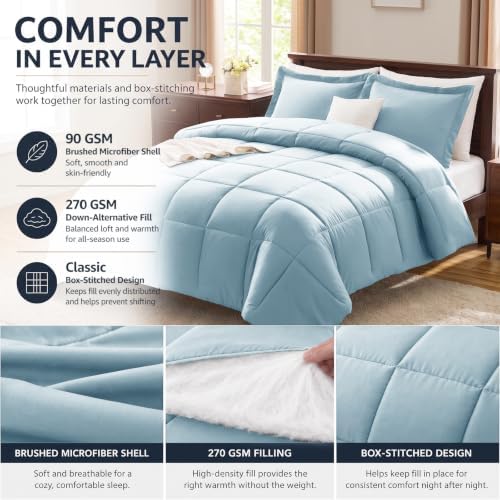 CozyLux Queen Size Comforter Set, 3-Piece Box-Stitched, Light Blue - Image 3