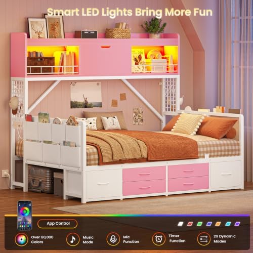 Full Storage Daybed with High Bookcase & 6 Drawers, Corner Bed Frame Pink - Image 3