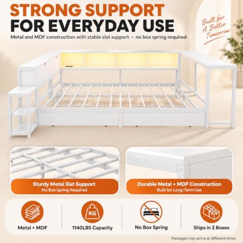 Queen Corner Bed Frame with 2 Storage Drawers, Bookcase & Desk - Image 7