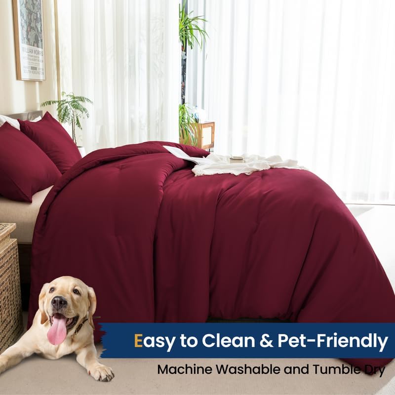 Paxrac Burgundy King Size Comforter Set, 3 Pieces Lightweight Solid Bedding Set - Image 6