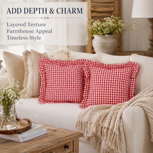JoraLion Ruffled Throw Pillow Cover 24x24 Gingham Red - Image 7