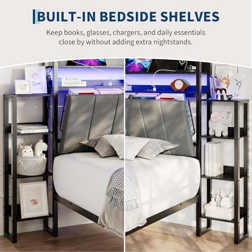 Twin Size Upholstered Platform Bed Frame, Storage Headboard, LED Light - Image 5