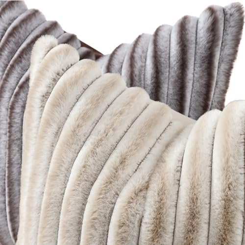 decorUhome Fall Faux Fur Throw Pillow Covers 12x20 Set of 2 Brown White - Image 2