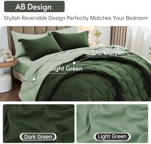 Full Comforter Set 7-Piece, Reversible Bed in a Bag, Dark Green/Light Green - Image 3