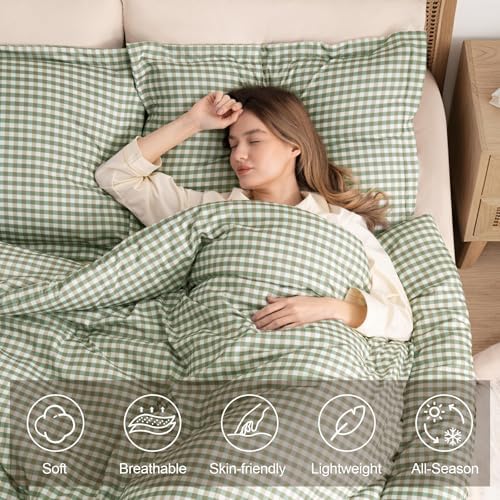 King Comforter Set, Fluffy Green Gingham Plaid Bedding, 3 Pieces - Image 2