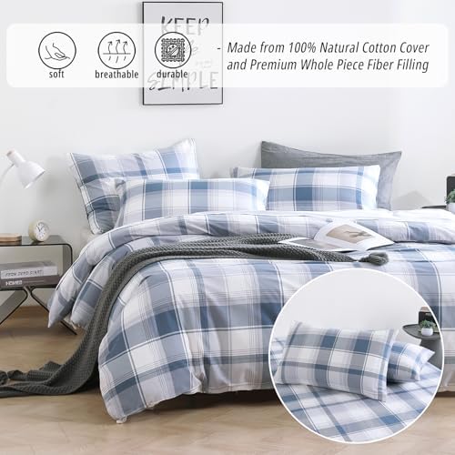 Modern Denim Blue Gray Plaid Cotton Comforter Set King Size 3PC - Image 2