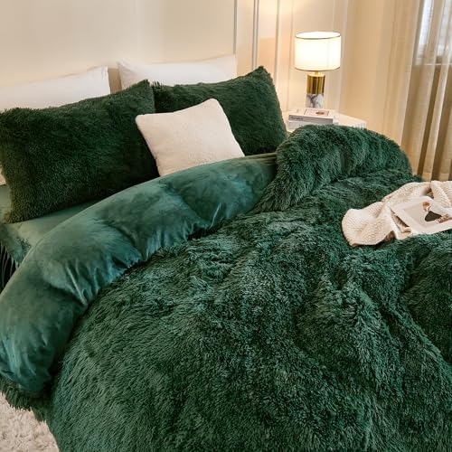 Andency Dark Emerald Green Twin Comforter Set, Fluffy Faux Fur Warm Bed Set - Image 4