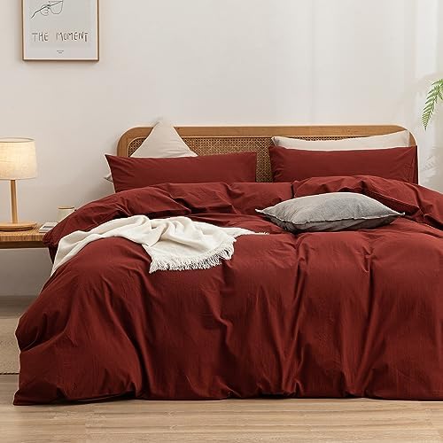 BESTOUCH Cotton Solid Duvet Cover Set Linen Feel Fired Brick Red Queen by BESTOUCH