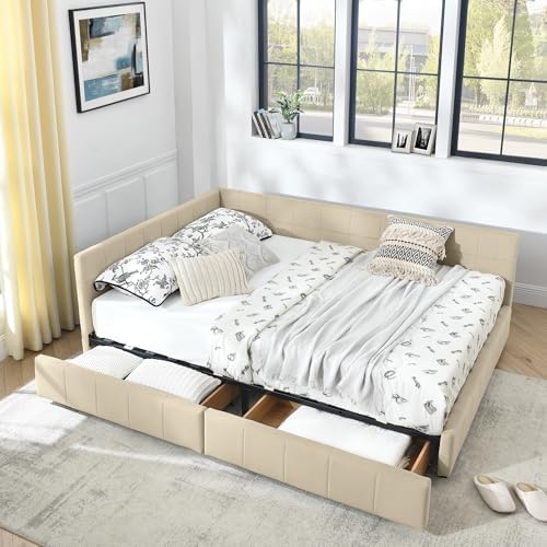 RuiSiSi Queen Size Daybed with Storage Drawers, Upholstered Corner Bed with L by RuiSiSi