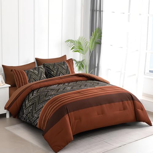 Burnt Orange Comforter Set Queen Size, 7 Pieces Striped Bed in a Bag - Image 2