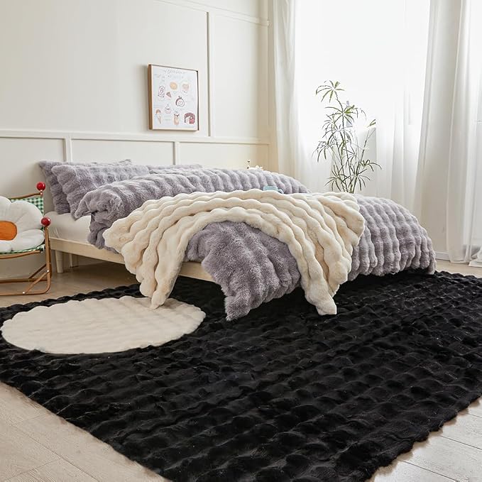 Black Rabbit Plush Rug 8'x10', Fluffy Faux Fur Shaggy Area Rug - Image 2