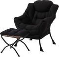 LITA Lazy Chair With Ottoman, Modern Accent Leisure Upholstered Sofa, Contemporary Lounge Reading With Armrests and Side Pocket for Living Room, Bedroom & Small Space, Black