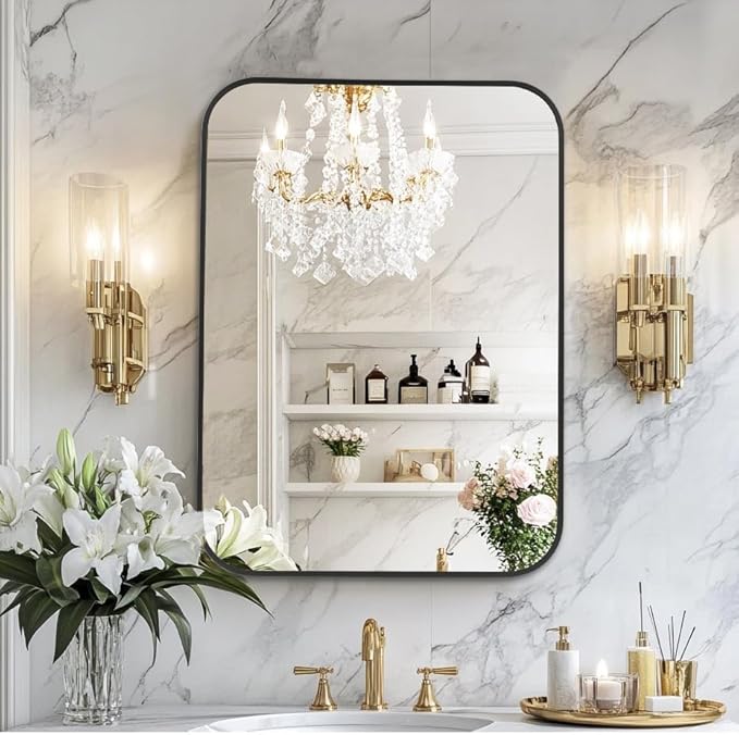 MZON 16x20 Inch Matte Black Bathroom Mirror, Rectangle Wall Mirror for Bathroom or Entryway, Anti-Rust Frame & Tempered Glass, Hangs Horizontally/Vertically - Space-Saving Minimalist Decor