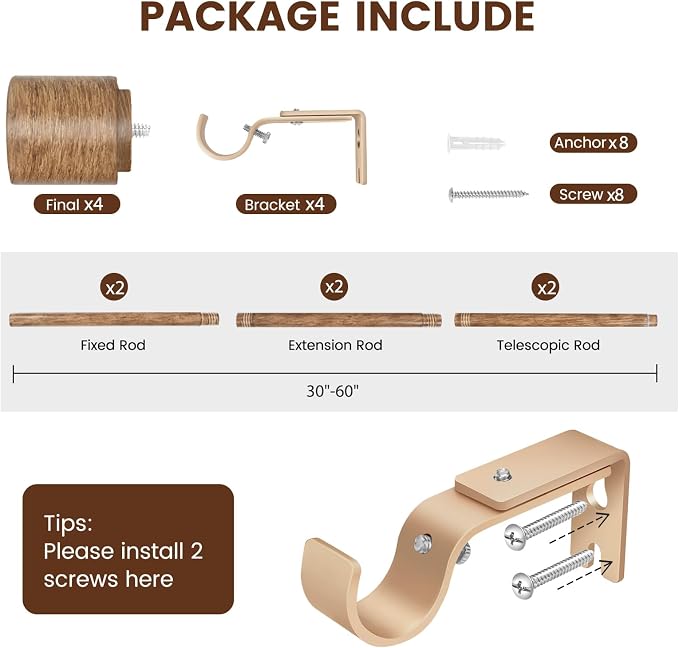 1” Diameter Curtain Rods Itself is 30 to 60 inch 2 Pack Fit 30-54 inch Window - Image 2