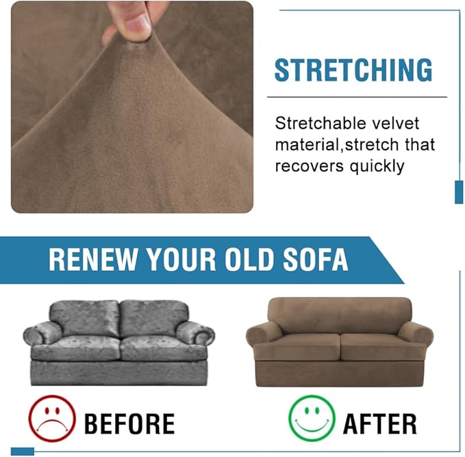 H.VERSAILTEX Sofa Cover 3 Piece T Cushion Loveseat Slipcovers Thick Velvet Couch Cover Stretch T Cushion Sofa Covers for 2 Cushion Couch with 2 Individual T Cushion Covers, Mocha