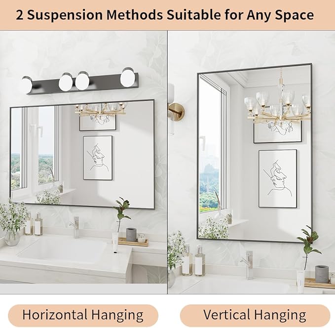 Koonmi Black Mirrors for Wall, 36x60 Inch Bathroom Mirror, Rectangular Wall Mirror for Living Room Bedroom Bathroom, Hangs Horizontally or Vertically