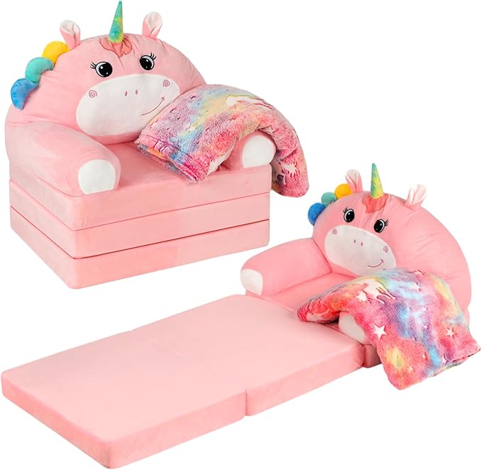 Unicorn Kids Couch Fold Out 2-in-1 Toddler Sofa Fold Out with Blanket, Soft Toddler Chair Comfy for Boys Girls Baby, Convertible Sofa to Lounger for Napping Reading Playing Christmas, Pink