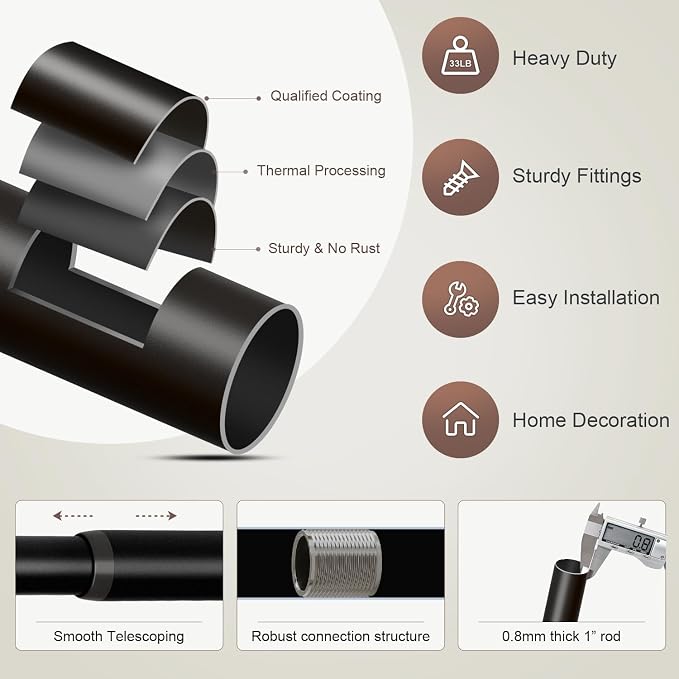 Lootkell Black Curtain Rods for Windows 48 to 84 Inches Adjustable Heavy Duty - Image 7