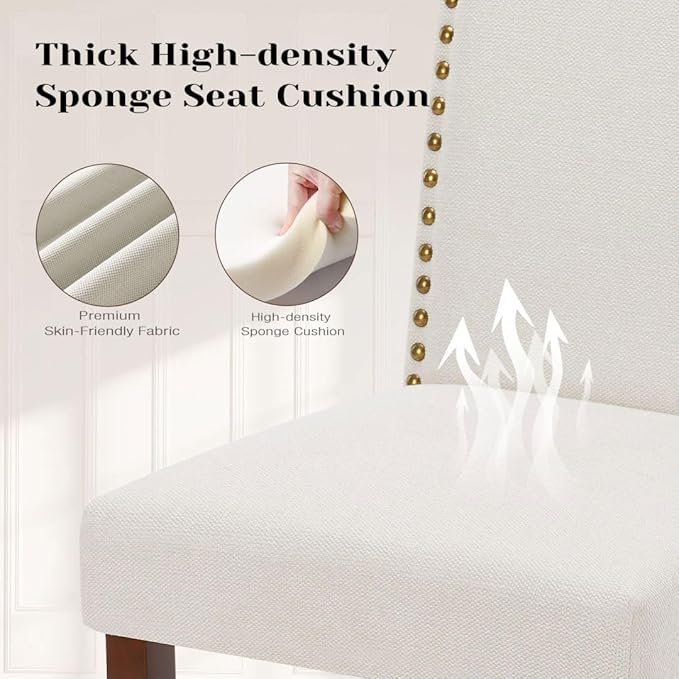 Kitchen Chairs Set of 2 Modern Upholstered Fabric Seat with Nailhead Trim and Ergonomic Lumbar Support for Living Room and Rustic Farmhouse Dining Area, Beige