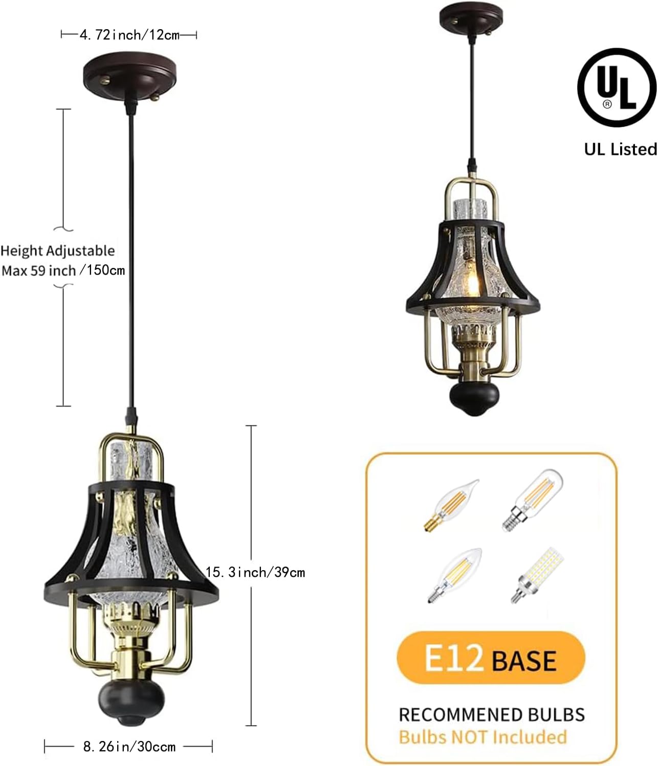 Farmhouse Chandelier Modern Hanging Light, Vintage Rustic Pendant Lights Fixture, Crackle Glass Shade, Wood & Metal Cage Base for Living Room Dining Room Foyer Kitchen Island Bedroom