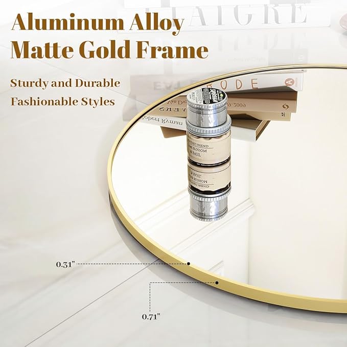 Gold Round Bathroom Mirror, 48 inch Large Circle Wall Mounted Hanging Mirror with Simple Modern Circular Metal Frame for Hallway, Entryway, Living Room, Gold Frame