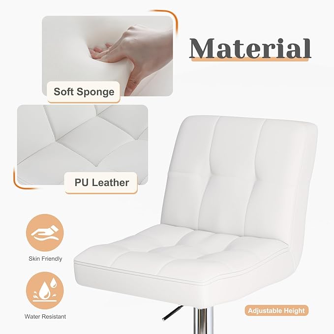 Sweetcrispy Bar Stools Set of 4, Armless PU Leather Adjustable Swivel Barstools, Hydraulic Kitchen Counter Height Thickened Seat Cushion Square Island Countertop Chairs with Back - Modern White