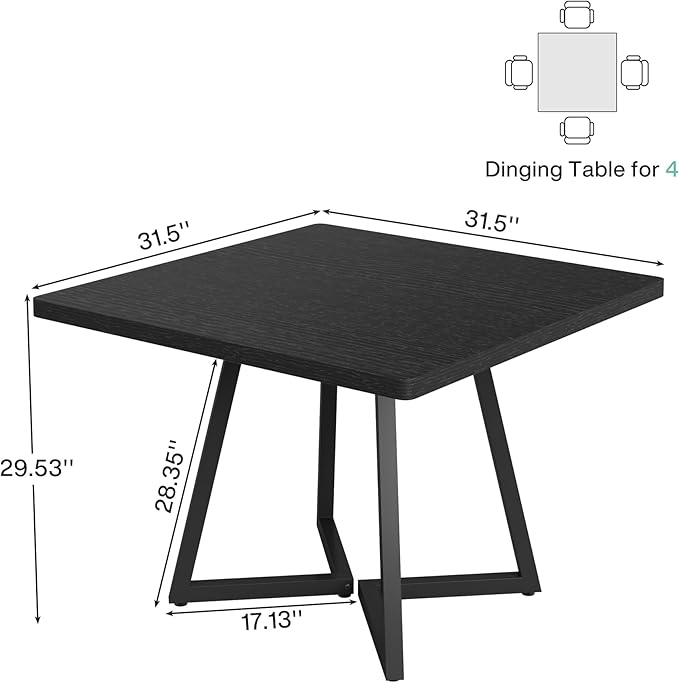 Tribesigns Square Dining Table for 10, 31.5" Industrial Dinner Table with Metal Base, Kitchen Table for Dining Room, Small Space, Apartment, Black