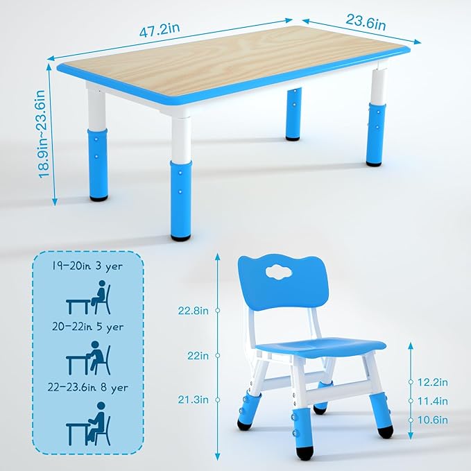 Kids Table and 4 Chairs Set，Height Adjustable Children Table & Chair，Toddlers Study Multi-Activity Table with 47.2"x23.6" Wipe-Clean Desktop，for Classrooms, Homes & Daycares