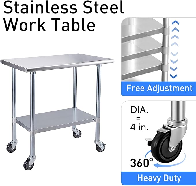 ROCKPOINT Stainless Steel Table for Prep & Work with Caster Wheels 24x60 Inches, NSF Metal Commercial Kitchen Heavy Duty Table with Adjustable Under Shelf and Table Foot for Restaurant, Home and Hotel