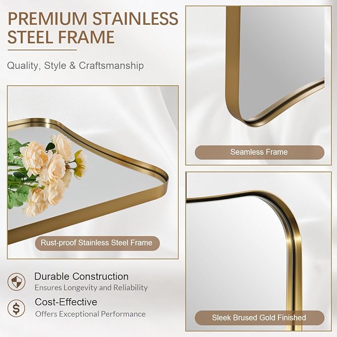 ANDY STAR Gold Vanity Mirror, 26x38 Inch Brushed Gold Asymmetrical Wall Mirror, Antique Brass Bathroom Mirror in Anti-Rust Stainless Steel Metal Frame, Large Decorative Mirror, Butterfly Shape