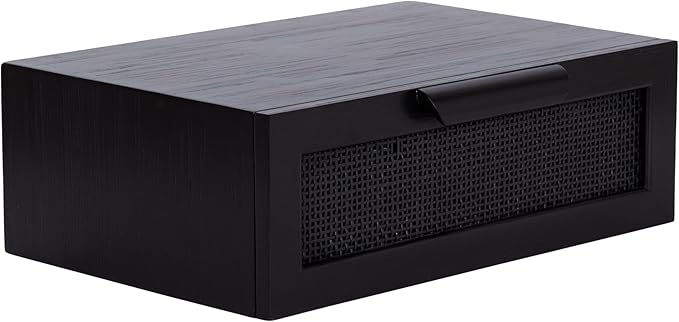 Kate and Laurel Ori Transitional Cane Rattan Floating Side Table with Pull-Out Storage Drawer, 18x13x6, Black
