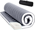 Tiita Futon Mattress 4” Thick Folding Roll Up Sleeping Pad with Bag & Strap, Bed Topper Mat for Guest, Lounger and Tavel, Gray,Queen Size