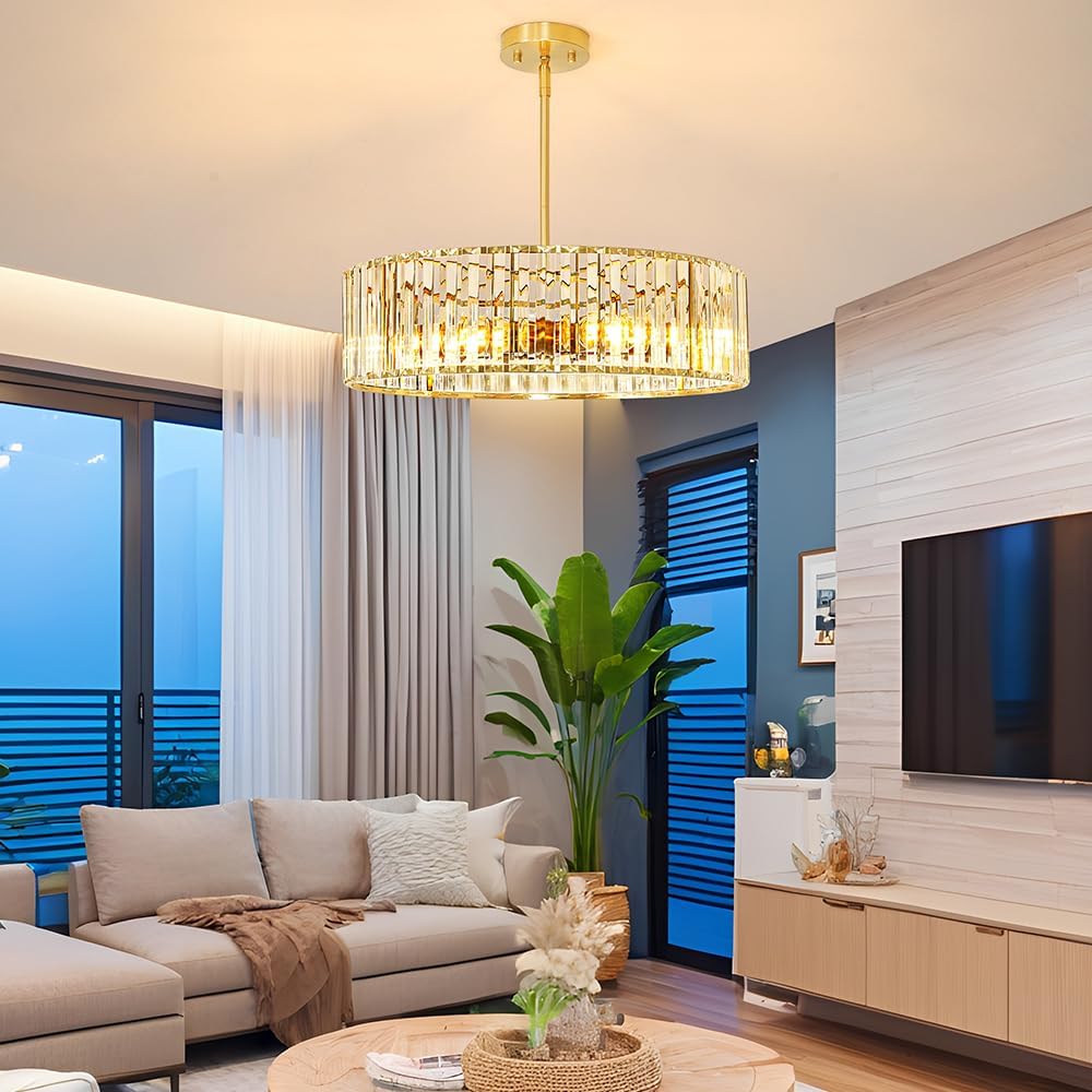 Gold Crystal Chandelier for Dining Room, 6-Light Modern Semi Flush Mount Ceiling Lighting Fixtures, Round Kitchen Fixtures Ceiling, Hanging Drum Pendant Lights for Living Room Bedroom Foyer, 19IN, E26
