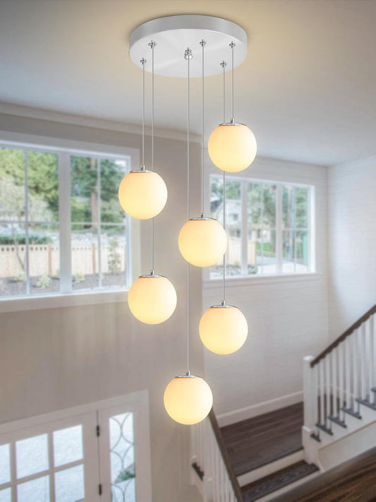 H 87in Globe Pendant Light 6-Lights Modern Hanging Chandelier for Kitchen Island Silver Globe Chandelier Milk White Glass Pendant Lighting for Living Room Bedroom Entryway