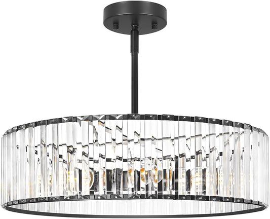 Modern Crystal Chandelier, 6-light Dinning Room Light Fixture, Round Pendant Light Kitchen Island, Black Hallway Light Fixture, Semi Flush Mount Ceiling for Living Room Entryway Bedroom Foyer, E26