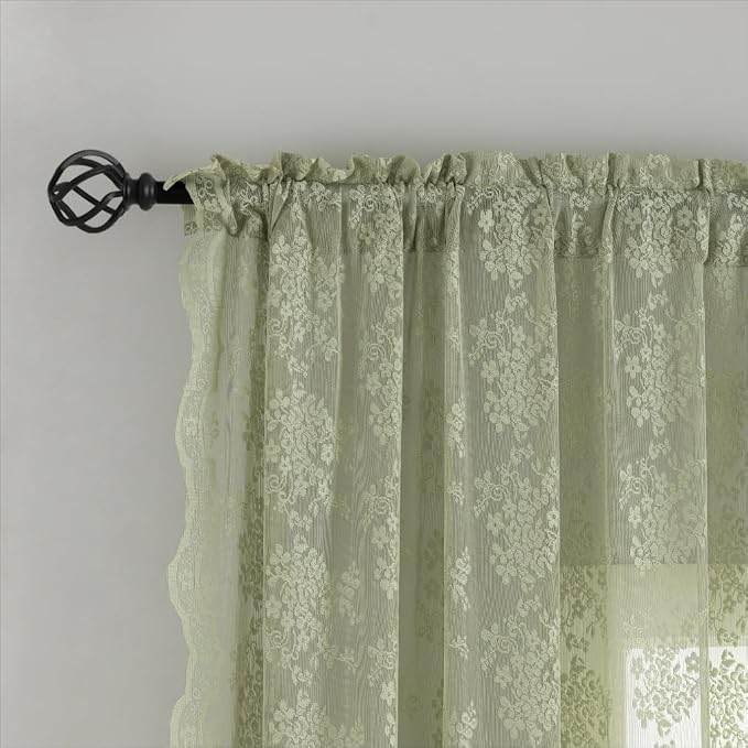YJ YANJUN Vintage Lace Curtains 45 Inch Length-Victorian Floral Pattern Sage - Image 3