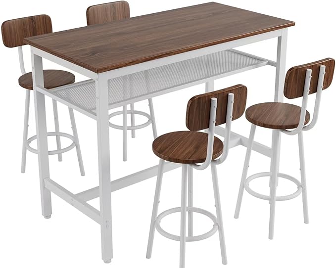 5-Piece Bar Table and Chairs Set, 43.3'' Pub Table Set Modern Small Table and Chairs Set of 4 for Breakfast Nook Living Room Small Space Restaurant, Wooden