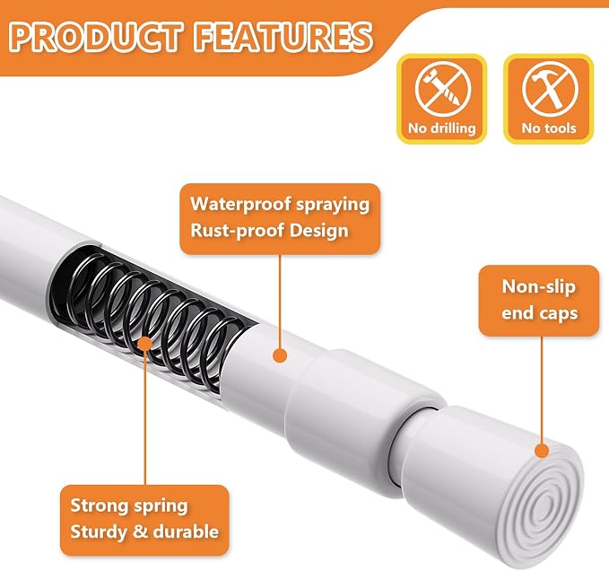 KXLife 2 Pcs Spring Tension Curtain Rod Adjustable 28 to 40 Inches, 5/8" - Image 3