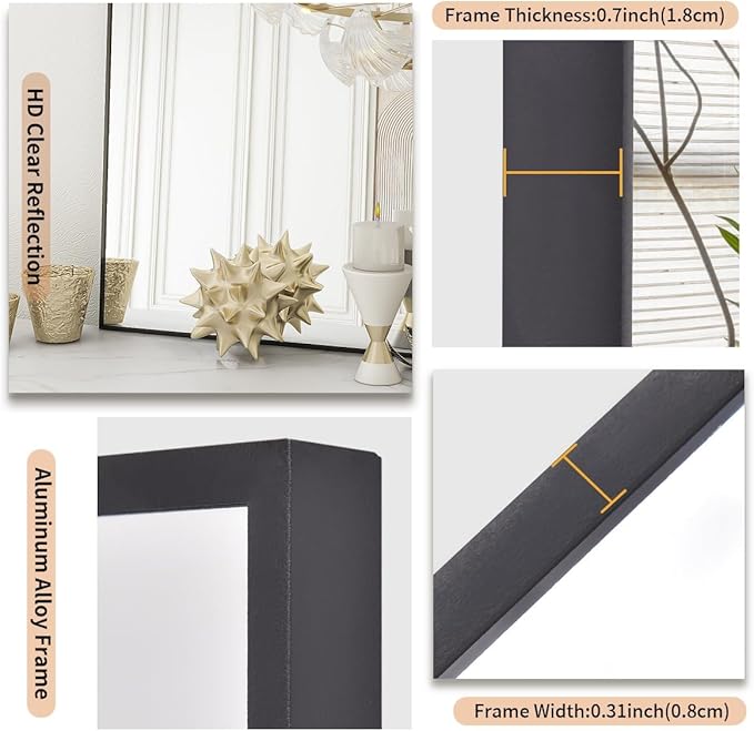 Koonmi Black Mirrors for Wall, 30x48 Inch Bathroom Mirror, Rectangular Wall Mirror for Living Room Bedroom Bathroom, Hangs Horizontally or Vertically