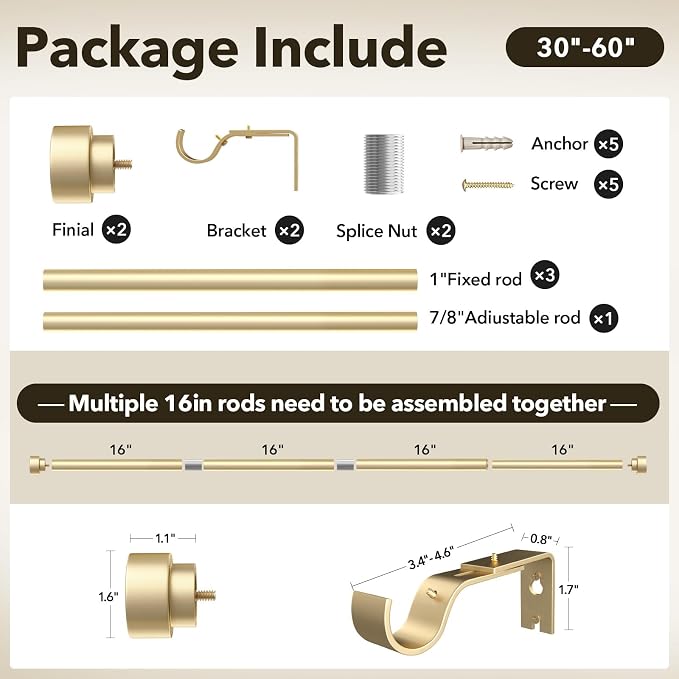 IFELS Heavy Duty Curtain Rods for Windows 28 to 48 Inch, 1 Inch Adjustable Gold - Image 7