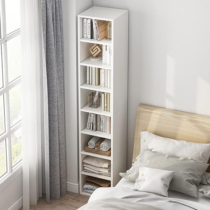 IOTXY Small Narrow Corner Bookcase - 59 Inches Tall Gap Freestanding Storage Cabinet, 7 Lattices Open Shelves Tower Rack, Cubes Bookshelf in White