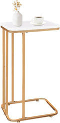 C Shaped End Table, 27 inches High Side Table for Couch Sofa Bed, Small Tv Tray, for Living Room, Bedroom, Metal Frame, Gold & White