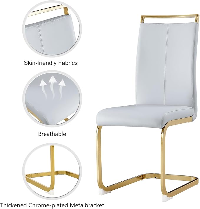 Modern Dining Chairs Set of 6,High Back Light Grey Kitchen Chairs,Faux Leather Side Chair with Gold Plated Metal Legs,Easy to Clean Upholstered Dining Chairs,Ideal for Living Room