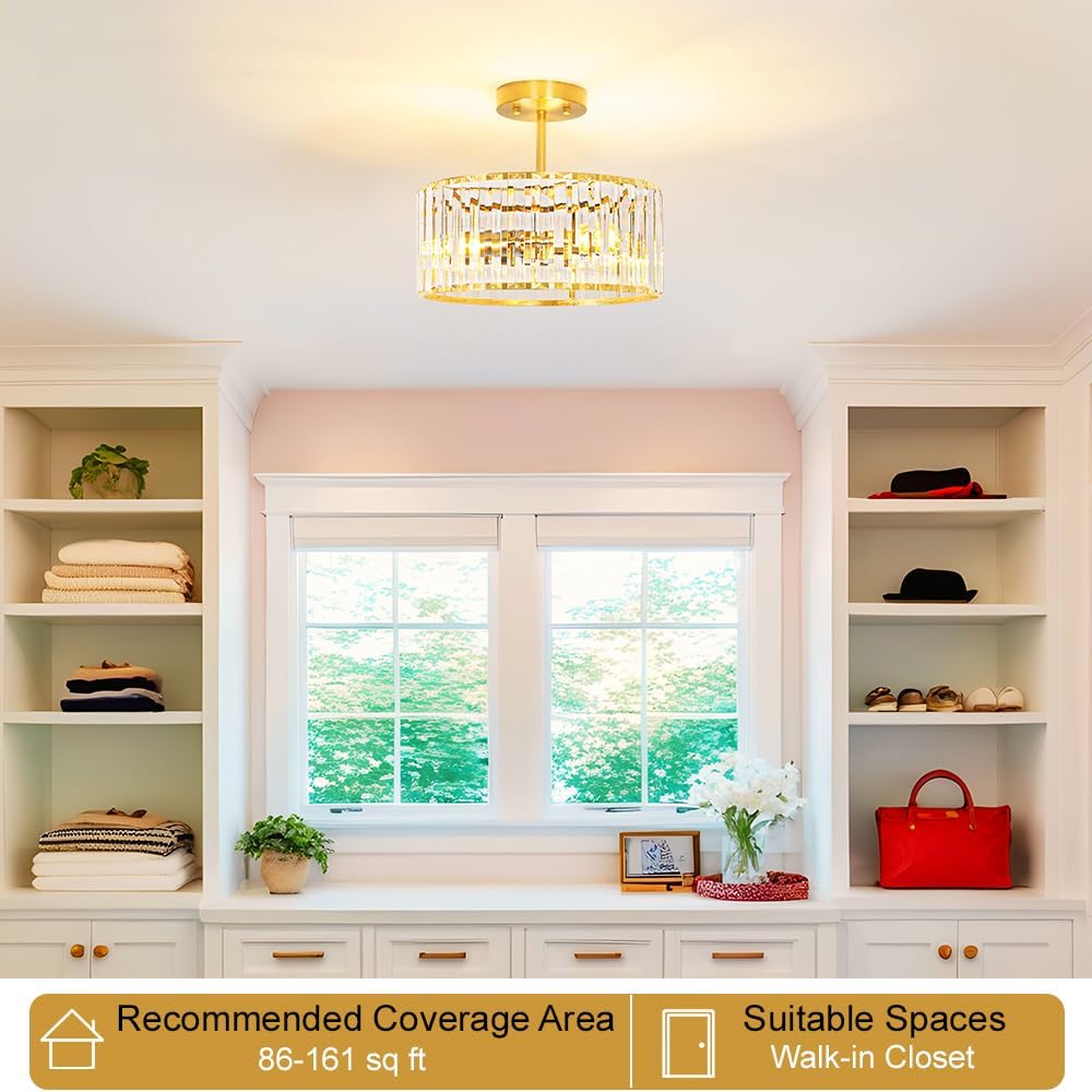 Modern Crystal Ceiling Light, Brushed Gold Semi Flush Mount Ceiling Lighting Fixture, Brass Hallway Light Fixtures Chandelier for Kitchen, Bedroom Dining Room Hallway Closet, 3-Light, 12 Inch