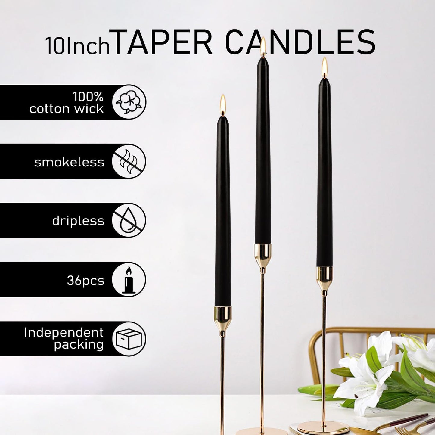 36-Pack 10-Inch Black Taper Candles - Drip-Free Unscented, Long Burning for Dinner Parties, Halloween, Home Decor, Spells & Rituals, Meditation, Prayer (25.4 cm)