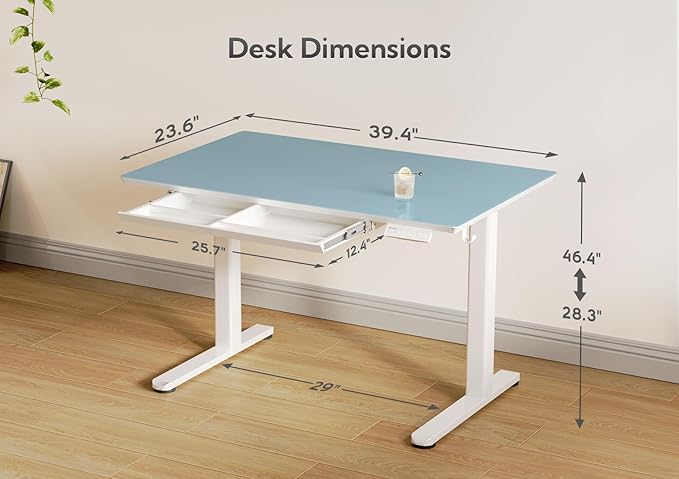 INNOVAR Glass Standing Desk with Drawers, Adjustable Height Electric Stand Up Desk, Small Standing Desks with Storage, 40 inch, Morandi Blue